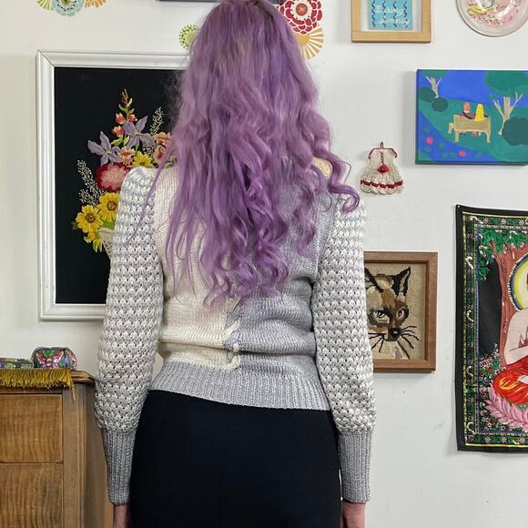Vintage Gray & White Puff Sleeve Sweater, 1980s Cable Knit Nannell Boatneck Sz S - Picture 3 of 15